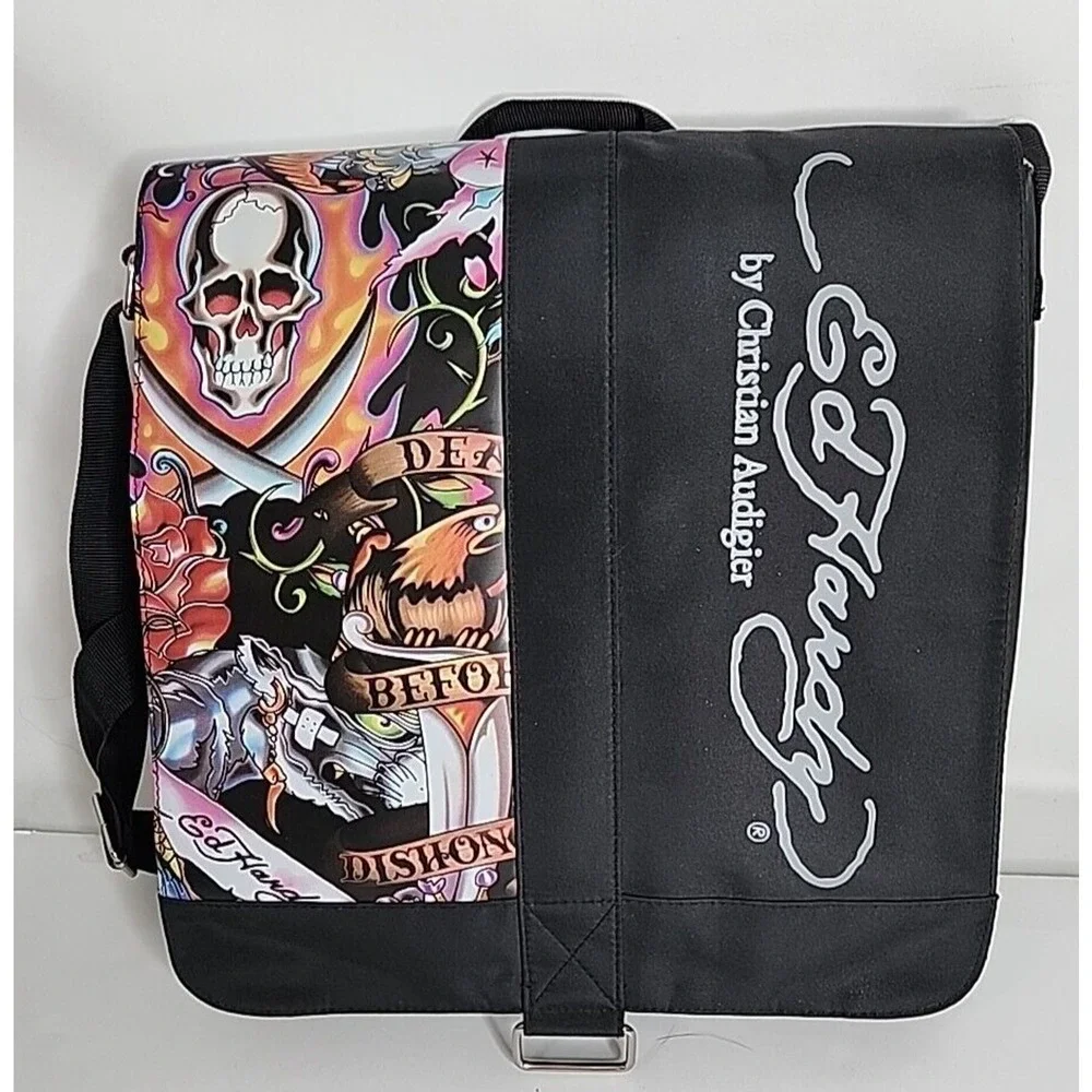 Ed Hardy Messenger Bag Skull Death Before Dishonor 13.5 x 14 x 3.5 Shoulder Tote